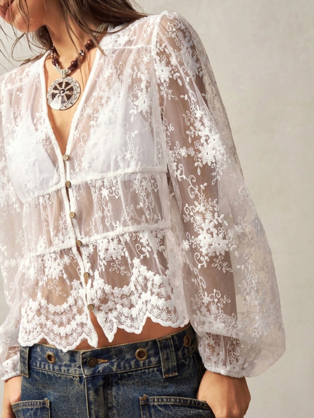 White Mesh Embroidered Floral Sheer Button Down Top - Picture 6 of 9